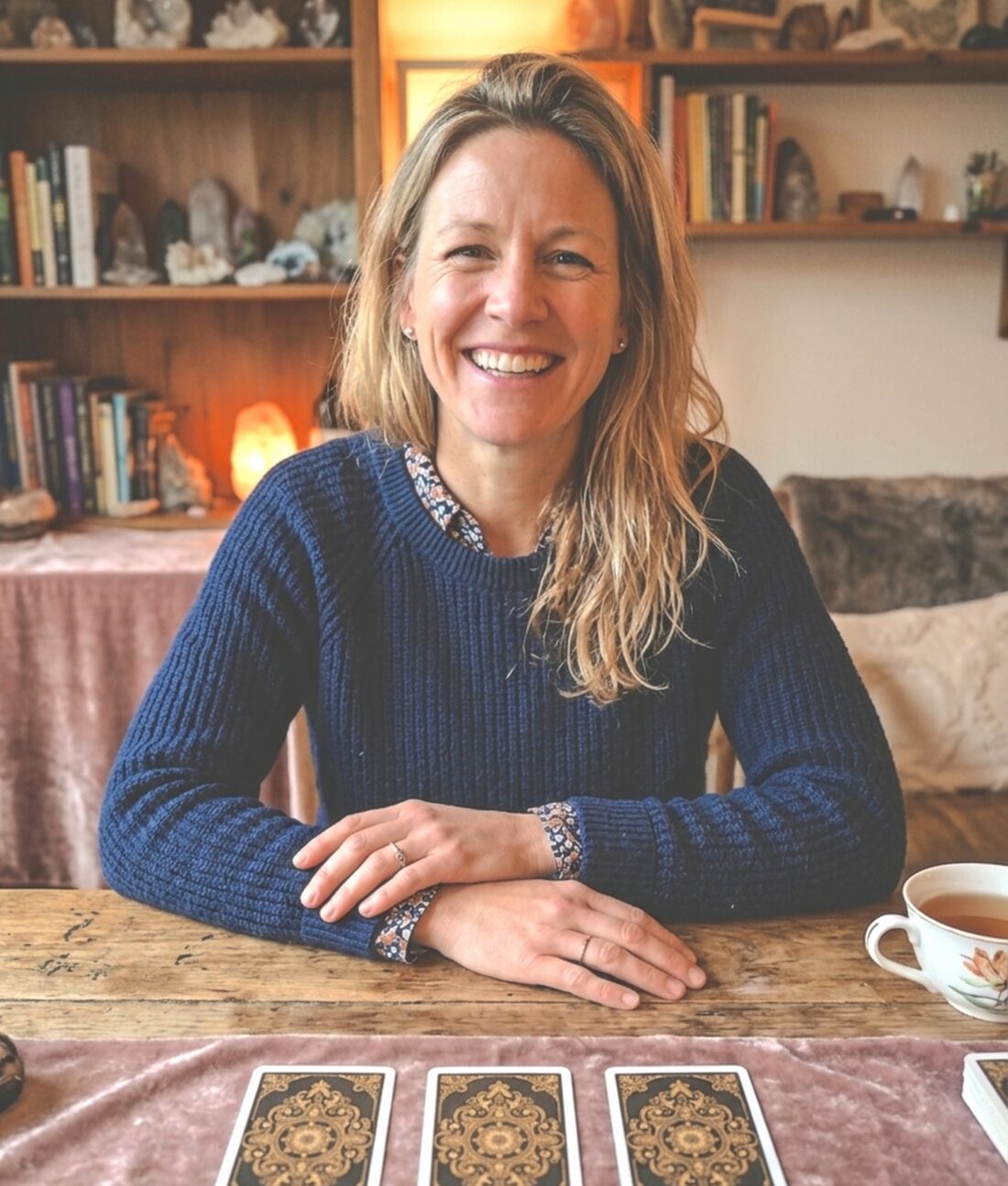 Happy at her reading table with the cards laid out and a cup of tea